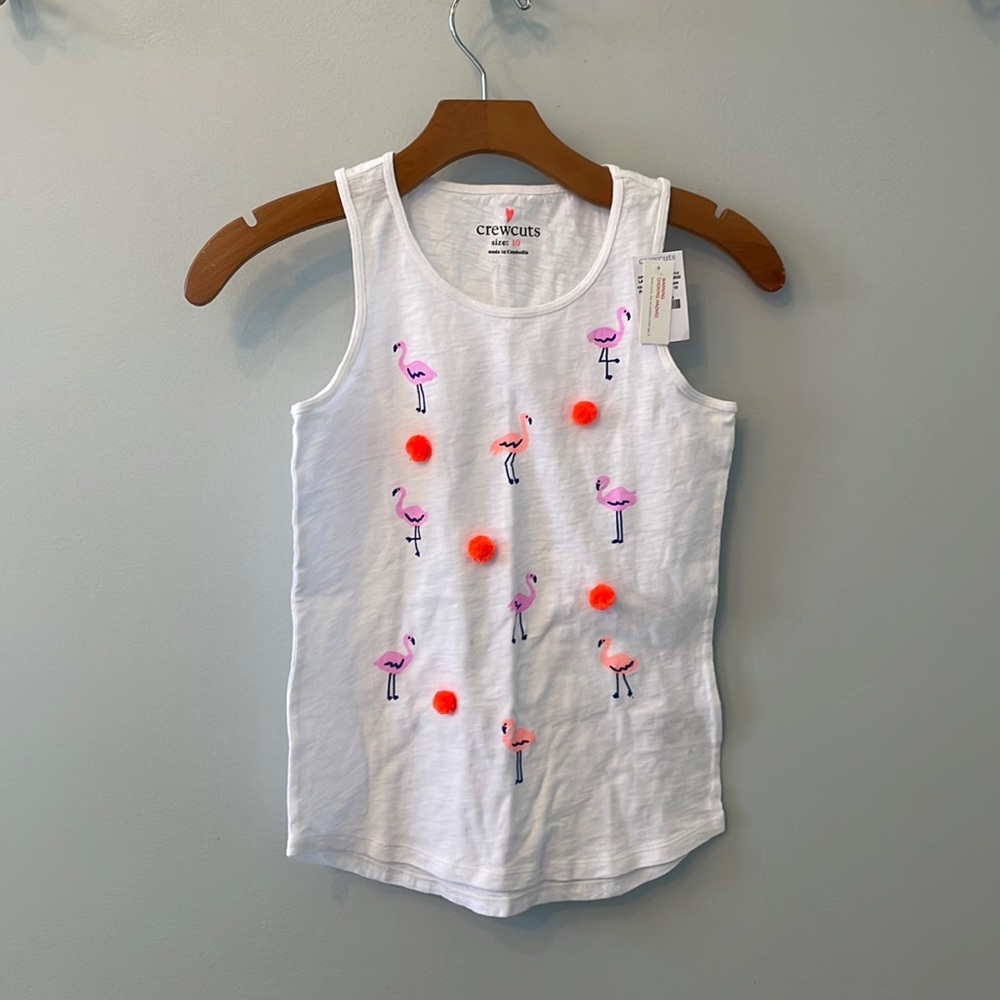 Jcrew crewcuts girls tank top, white with flamingos and Pom poms, size 10, NWT